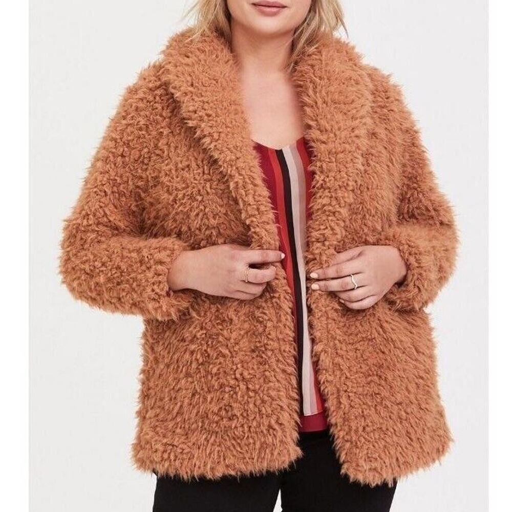 Torrid Womens Teddy Jacket Plus Size 2X Caramel Brown Shaggy Open Front Lined